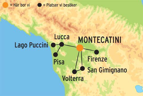 Geografisk karta ver Montecatini och Lucca.